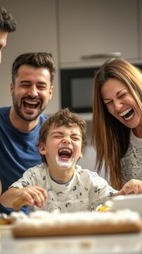 Child making funny mistake while helping in kitchen as parents laugh on simple background for family lifestyle content, parenting visuals, and cooking illustrations