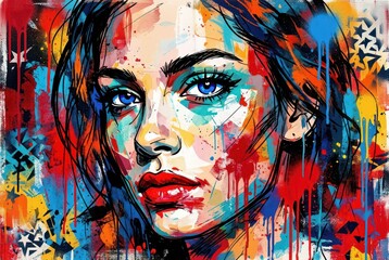 Fototapeta premium Vibrant street art portrait of a young woman, colorful graffiti style painting with paint splashes, expressive urban pop art illustration