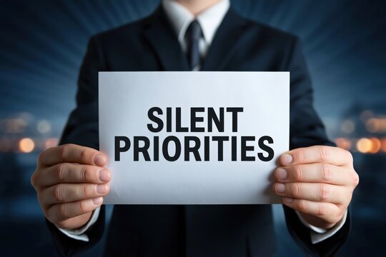 Executive Holding a Sign About Silent Priorities