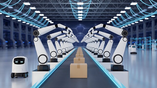 Modern automated industrial assembly line featuring robotic arms conveyor belts and autonomous mobile robots in production