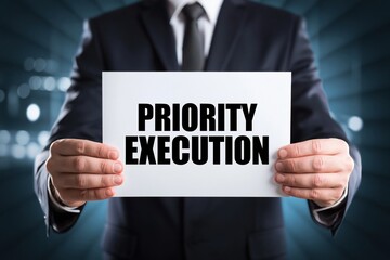 Obraz premium Man in Suit Showing a Priority Execution Sign