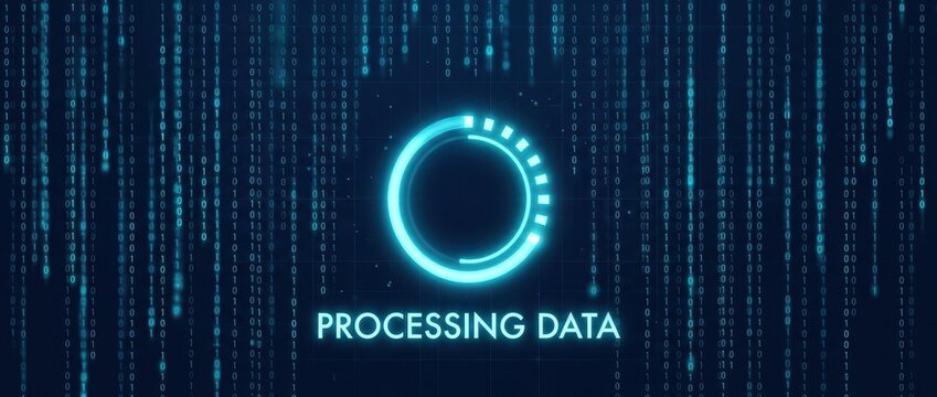 Futuristic processing data concept, glowing digital loading circle icon, blue binary code background with matrix rain effect
