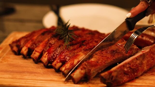 Chef cutting delicious slow roasted pork ribs on wooden board in restaurant.