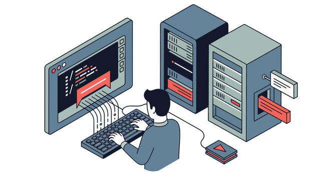 Isometric Software Engineer Coding and Managing Backend Servers