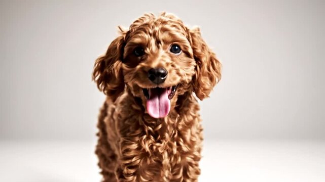 Happy brown dog with curly fur isolated on neutral background