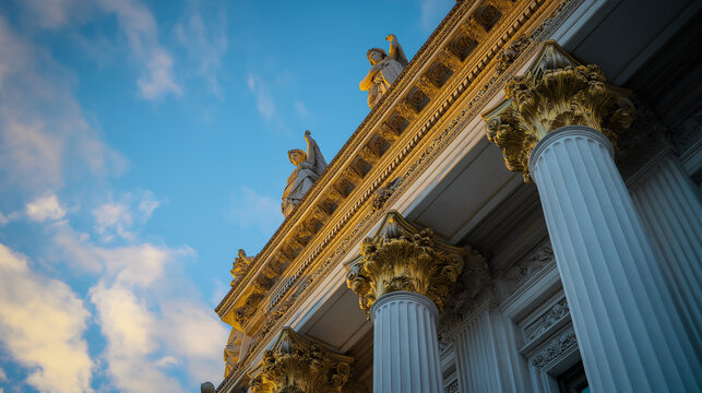 neo. Grand neoclassical columns with sculpted quadriga, bathed in warm golden hour light. real-estate listings.