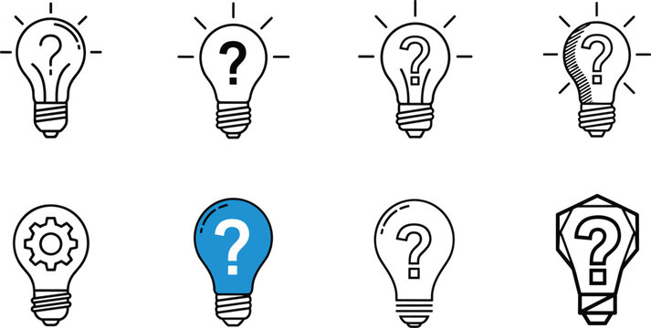 Lightbulb and Question Icon Set for Ideas, Innovation, Thinking, and Problem Solving Concepts