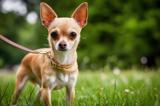 Small chihuahua dog on leash in green grass park
