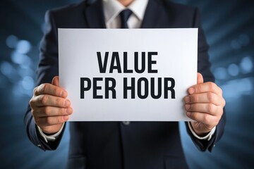 Obraz premium Man in a Suit Presenting the Value Per Hour Concept