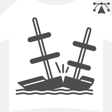 Shipwreck at sea solid icon, history, mystery concept. Vector graphics. Tale of lost ship, vessel sign and editable stroke, glyph style icon for mobile or web design.