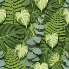 Fototapeta premium Tropical green leaves, monstera, ferns, eucalyptus background, foliage texture, jungle plants