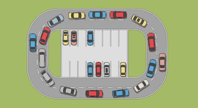 Top View of Busy Parking Lot with Cars in Loop