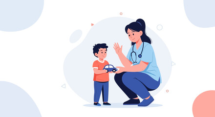 Obraz premium Doctor with toy car and child, healthcare, pediatrics, medical care, gentle interaction