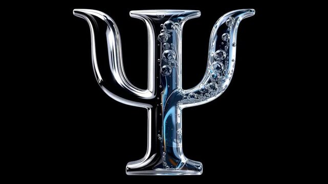 Glistening 3D Psi symbol with liquid and bubbles on black background