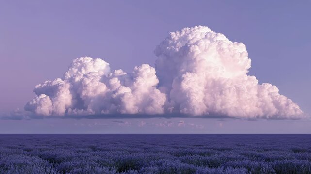 Dreamlike Giant Cloud Forms Breathing Above Lavender Tundra at Static Horizon