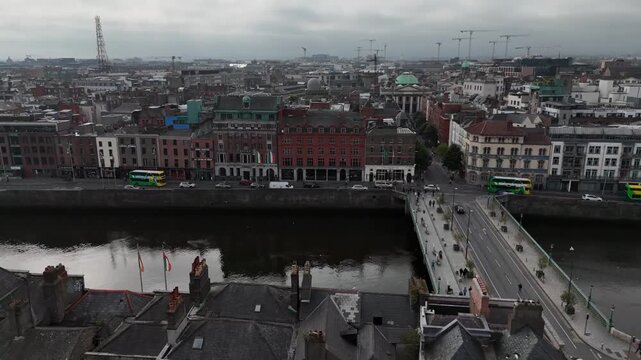 Dublin City Aerial View Crossing Grattan Bridge from Capel Street over River Liffey