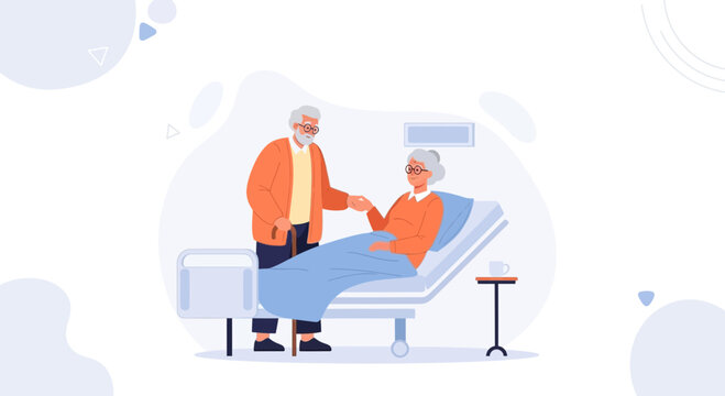 Elderly Couple in Hospital Room: Man Visits Woman in Bed, Holding Hands