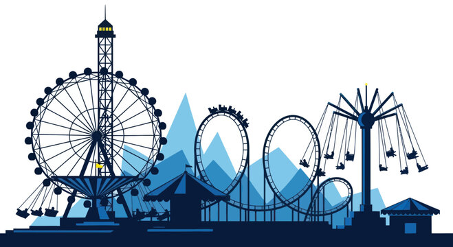 Amusement Park Silhouette: Ferris Wheel, Roller Coaster, Swings, Funfair