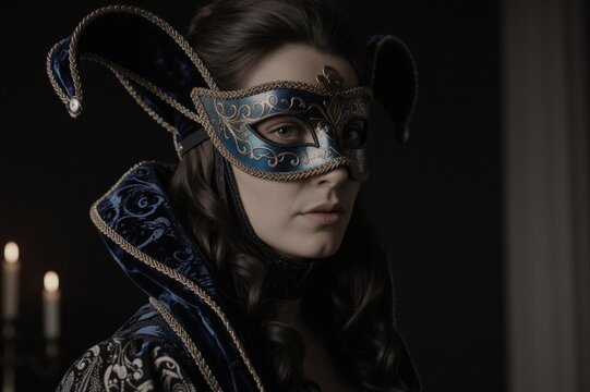 A woman in Renaissance attire poses mysteriously in a dimly lit classical-style residential hallway.
