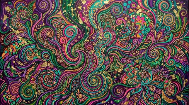 Psychedelic paisley pattern with intricate swirls, vibrant bohemian floral background, colorful trippy abstract art illustration for textile design