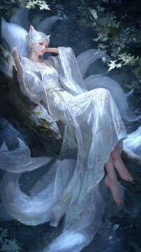 Fantasy, mysterious, wallpaper. A fantasythemed digital artwork depicts a female figure with white hair and a catlike headpiece.