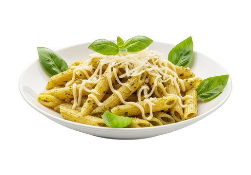 Penne pasta with pesto sauce and grated cheese isolated on transparent background