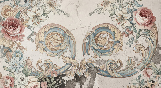 Floral Rococo Distressed Pattern Background with Decorative Elements