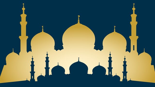 Golden Mosque Silhouette on Dark Blue Background for Islamic Festivals