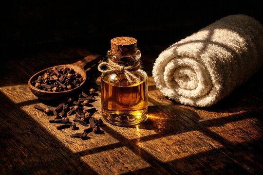 Clove essential oil in a glass bottle with dried cloves in a wooden spoon and a white towel on a rustic wooden table with dramatic shadows.