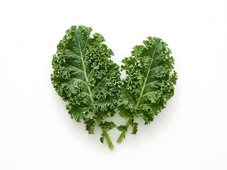 Obraz premium Two curly green kale leaves on white surface