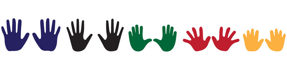 Fototapeta premium Colorful Handprints Collection, Set of Multi-Colored Human Hand Silhouettes. Vector Illustration