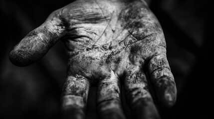 Fototapeta premium Close-up of a worn hand showing calluses and scars from hard work in an industrial setting