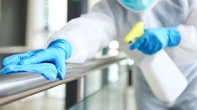 Professional cleaner disinfects metal handrail in bright interior with spray and cloth