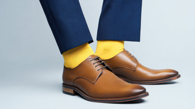 The image shows brown leather dress shoes paired with bright yellow socks and dark navy trousers