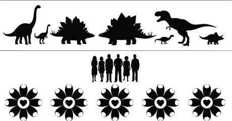 Black silhouette set featuring dinosaurs human evolution figures and decorative heart floral patterns isolated on white background © SREEMOTISHAMOLI