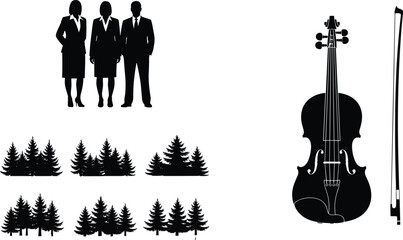 Black silhouette set of business professionals forest trees and classical violin with bow isolated on white background © SREEMOTISHAMOLI
