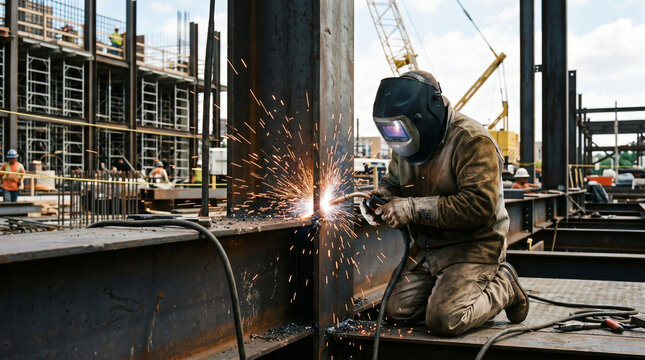 Welder welding structural steel beam with bright sparks representing fabrication, structural craft, and ironwork