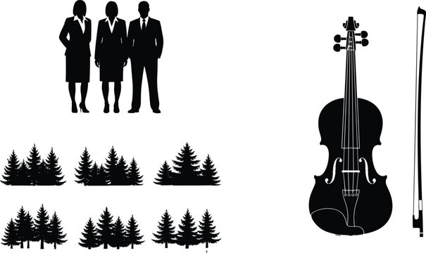 Black silhouette set of business professionals forest trees and classical violin with bow isolated on white background
