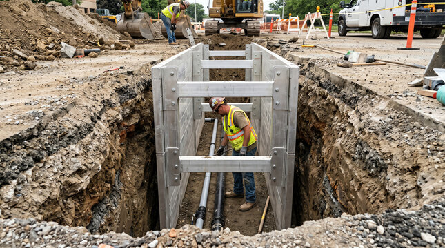 Trench shoring system protecting workers in deep excavation representing safety, civil engineering, and OSHA compliance
