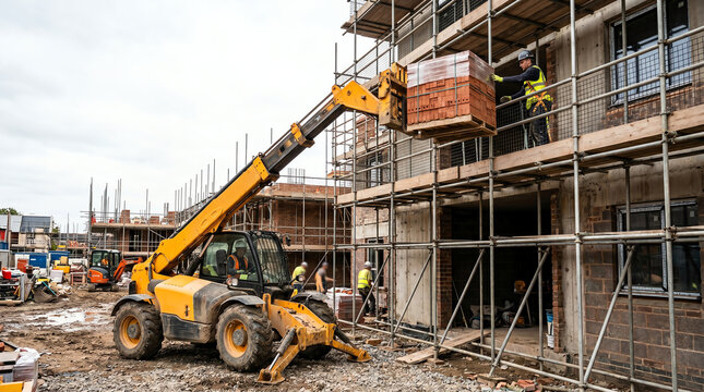 Telehandler forklift lifting pallet of bricks to scaffold representing material handling and construction equipment