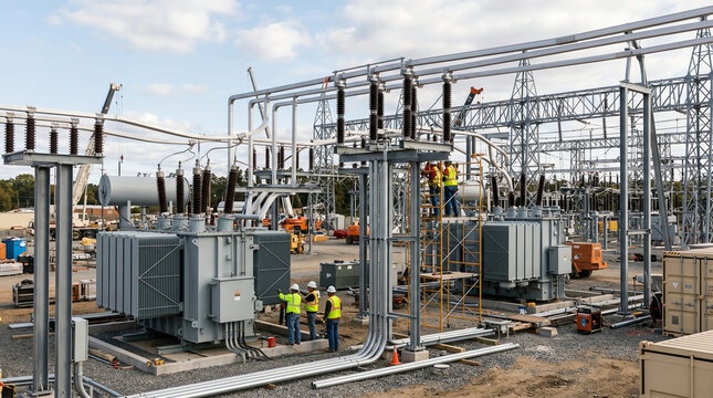 Electrical substation with transformers and switchgear representing power distribution, grid infrastructure, and electrical engineering