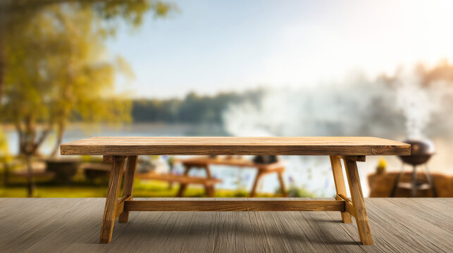 Enjoy summer days at the lakefront with picnic and barbecue on a wooden table