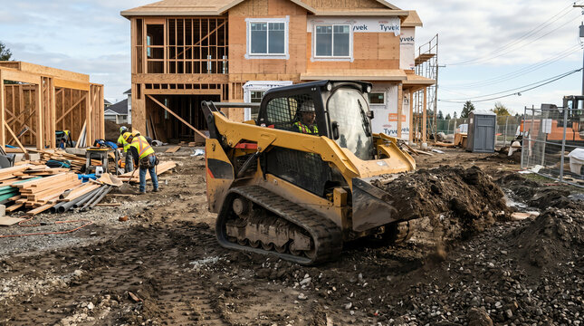 Skid steer loader moving dirt at residential construction site representing compact equipment and site work