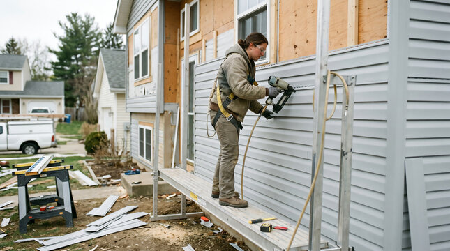 Worker installing vinyl siding on residential home representing exterior siding, residential construction, and weather barrier