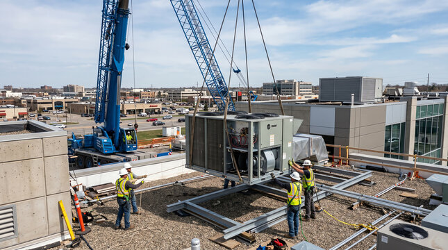 Rooftop air conditioning unit being installed on commercial building representing commercial HVAC and mechanical infrastructure