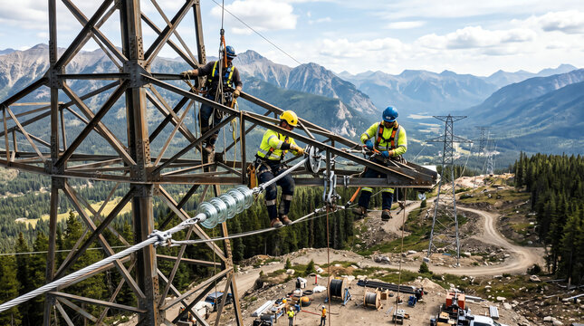 Lineworkers installing high-voltage transmission line on lattice tower representing electrical infrastructure and grid construction