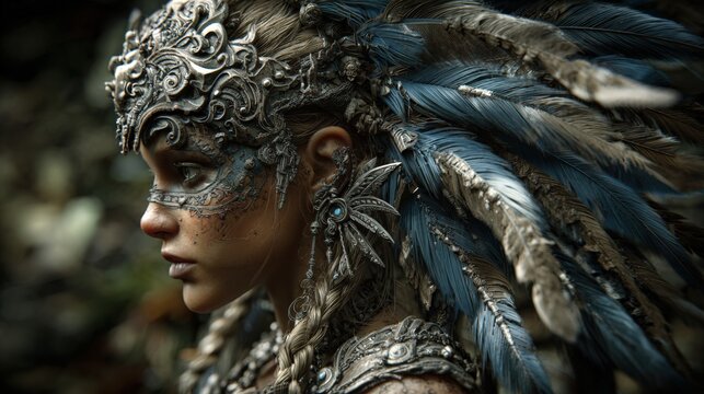 Maya Aztec civilization, Mexico culture. Mysterious, fantasy. A closeup portrait of a person wearing a detailed, ornate headdress made of silver and blue feathers.