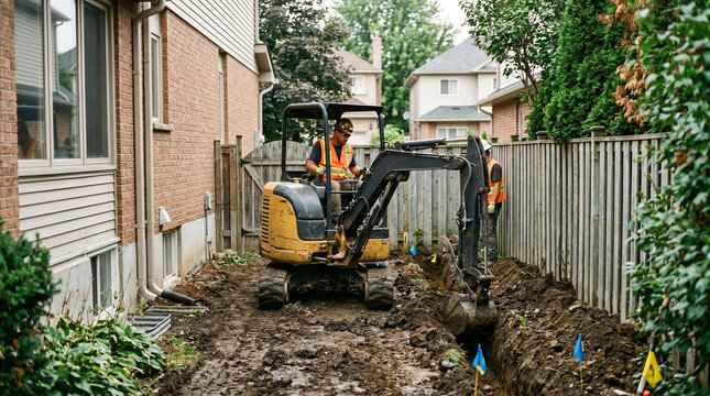 Mini excavator digging utility trench in tight backyard space representing residential excavation and compact equipment