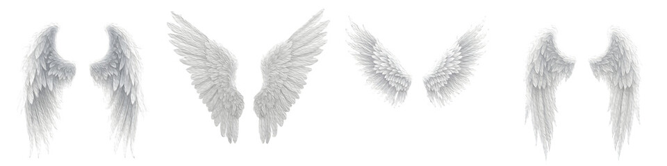 Fototapeta premium White Angel Wings Set, Realistic 3D Feathered Bird Wings in Various Spreads and Positions Isolated on White Background for Fantasy, Spiritual, and Creative Design Layouts.