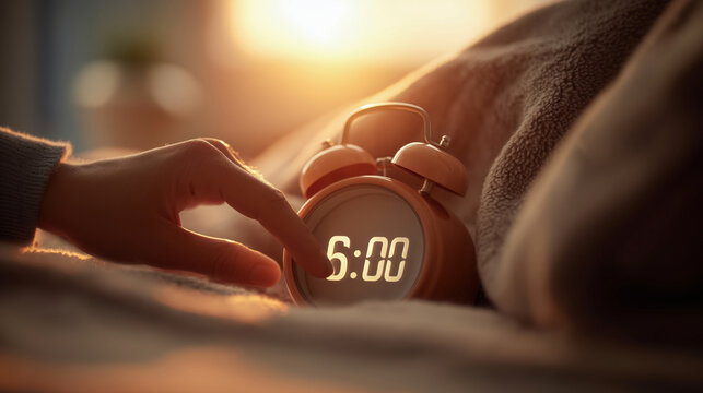 Hand turning off alarm clock at 6:00 in morning routine concept